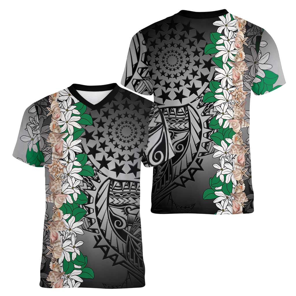 Cook Islands Tiare Maori With Conch Shell Women V-Neck T-Shirt Pasifika Fest Polynesian Tattoo Black