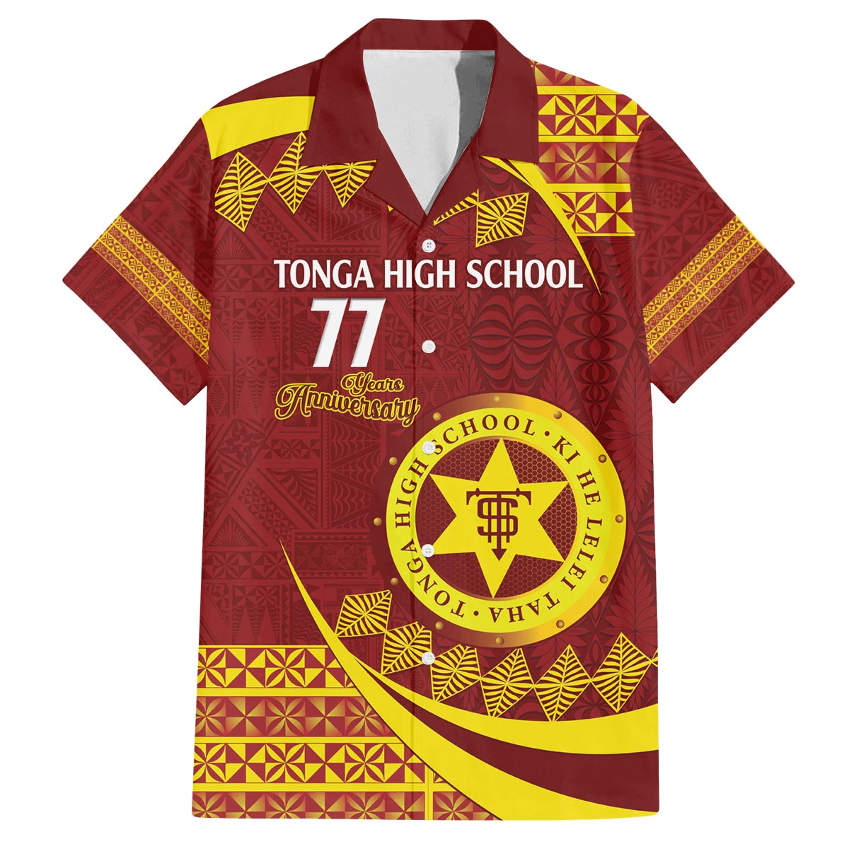 Personalised Tonga High School Family Matching Off The Shoulder Long Sleeve Dress and Hawaiian Shirt Happy 77 Years Anniversary