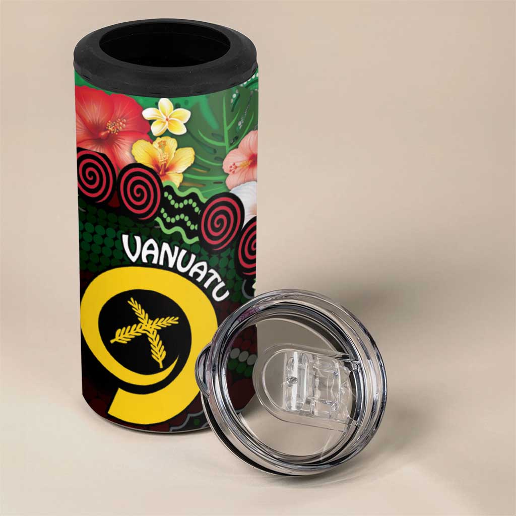 Long God Yumi Stanap Vanuatu 4 in 1 Can Cooler Tumbler Tropical Flowers Aboriginal Pattern
