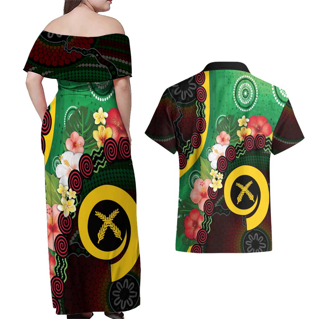 Long God Yumi Stanap Vanuatu Couples Matching Off Shoulder Maxi Dress and Hawaiian Shirt Tropical Flowers Aboriginal Pattern