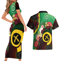 Long God Yumi Stanap Vanuatu Couples Matching Short Sleeve Bodycon Dress and Hawaiian Shirt Tropical Flowers Aboriginal Pattern