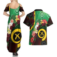 Long God Yumi Stanap Vanuatu Couples Matching Summer Maxi Dress and Hawaiian Shirt Tropical Flowers Aboriginal Pattern