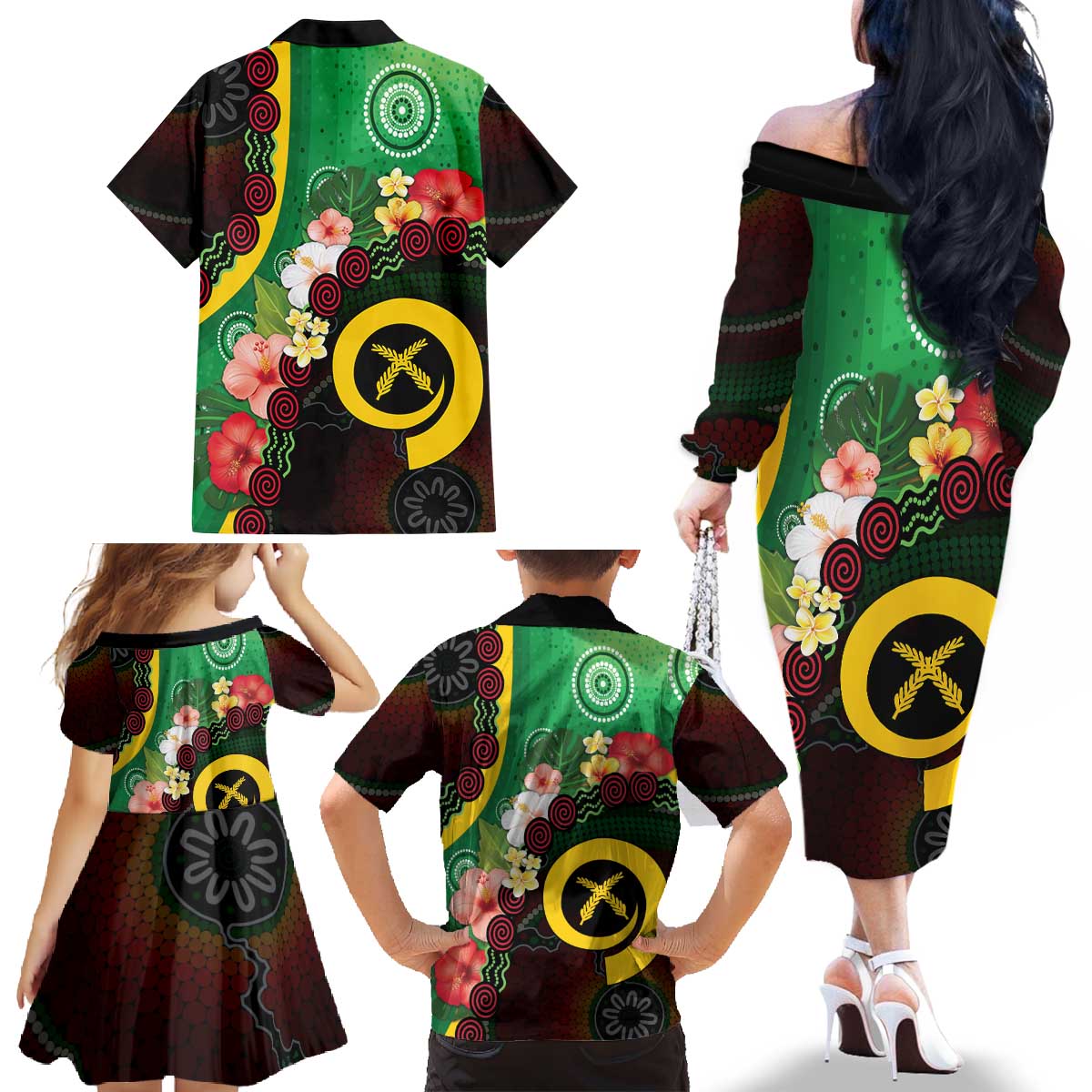Long God Yumi Stanap Vanuatu Family Matching Off The Shoulder Long Sleeve Dress and Hawaiian Shirt Tropical Flowers Aboriginal Pattern