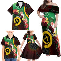 Long God Yumi Stanap Vanuatu Family Matching Off Shoulder Maxi Dress and Hawaiian Shirt Tropical Flowers Aboriginal Pattern