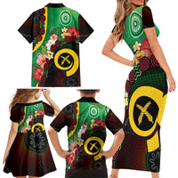 Long God Yumi Stanap Vanuatu Family Matching Short Sleeve Bodycon Dress and Hawaiian Shirt Tropical Flowers Aboriginal Pattern