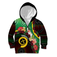 Long God Yumi Stanap Vanuatu Kid Hoodie Tropical Flowers Aboriginal Pattern LT14 Zip Hoodie Green - Polynesian Pride