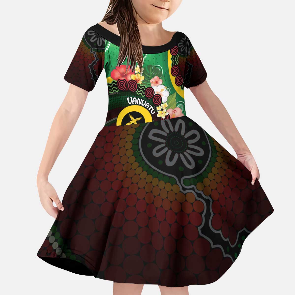 Long God Yumi Stanap Vanuatu Kid Short Sleeve Dress Tropical Flowers Aboriginal Pattern LT14 KID Green - Polynesian Pride