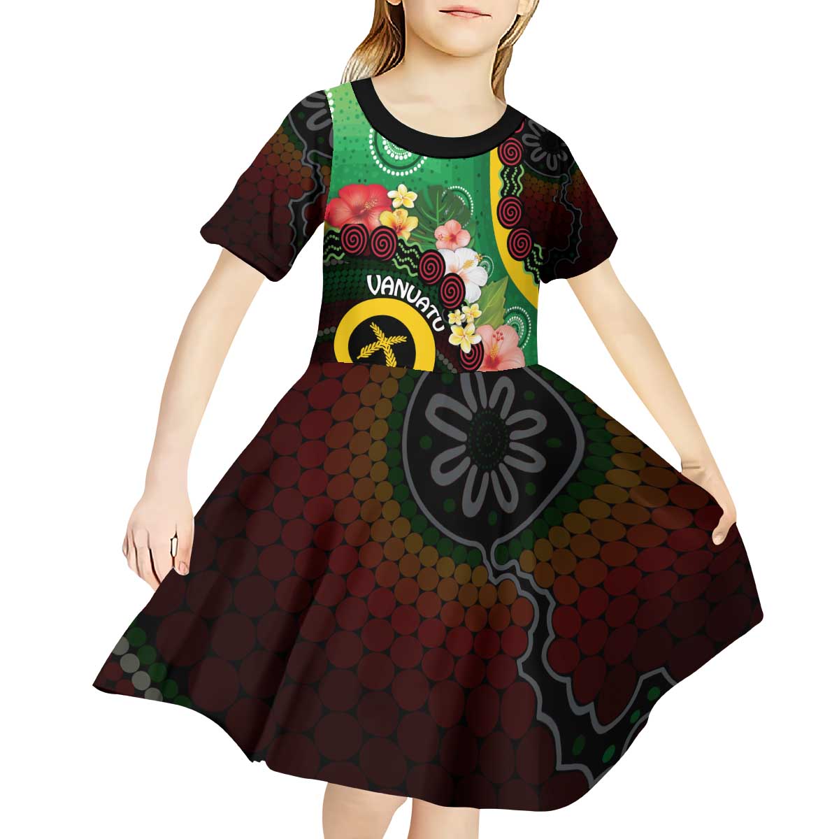 Long God Yumi Stanap Vanuatu Kid Short Sleeve Dress Tropical Flowers Aboriginal Pattern LT14 - Polynesian Pride