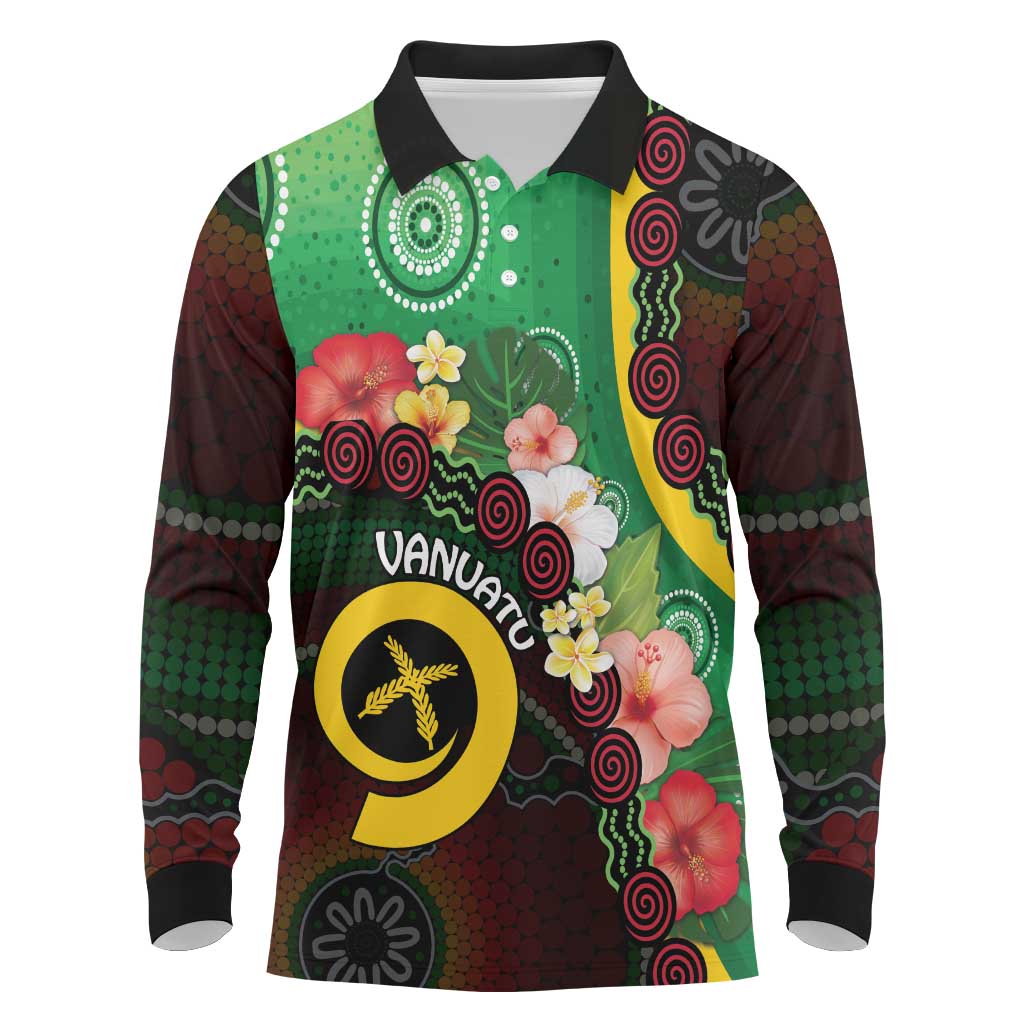 Long God Yumi Stanap Vanuatu Long Sleeve Polo Shirt Tropical Flowers Aboriginal Pattern LT14 Green - Polynesian Pride