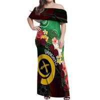 Long God Yumi Stanap Vanuatu Off Shoulder Maxi Dress Tropical Flowers Aboriginal Pattern LT14 Women Green - Polynesian Pride