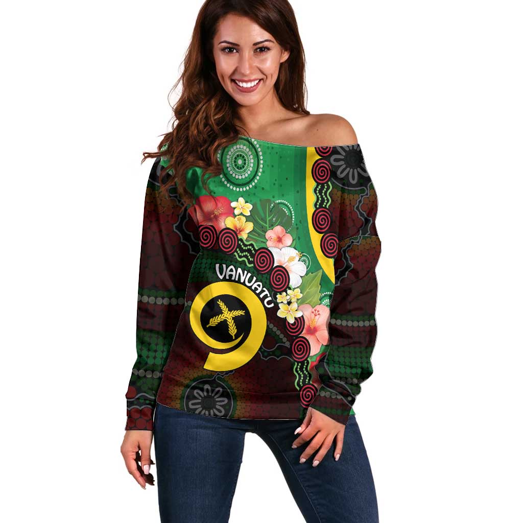Long God Yumi Stanap Vanuatu Off Shoulder Sweater Tropical Flowers Aboriginal Pattern