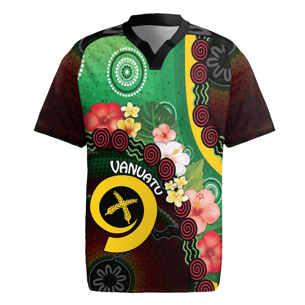 Long God Yumi Stanap Vanuatu Rugby Jersey Tropical Flowers Aboriginal Pattern