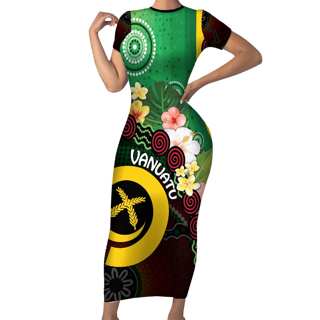 Long God Yumi Stanap Vanuatu Short Sleeve Bodycon Dress Tropical Flowers Aboriginal Pattern