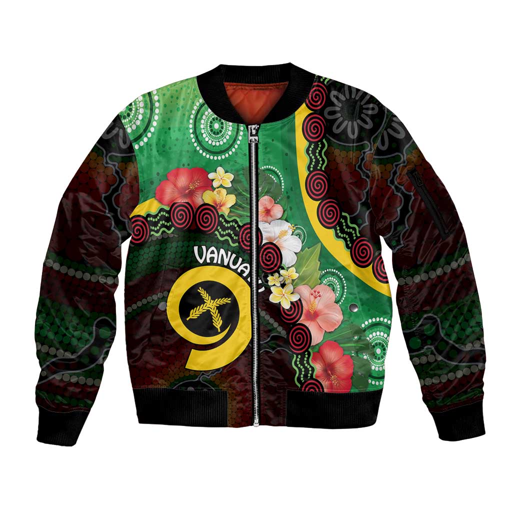 Long God Yumi Stanap Vanuatu Sleeve Zip Bomber Jacket Tropical Flowers Aboriginal Pattern