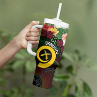 Long God Yumi Stanap Vanuatu Tumbler With Handle Tropical Flowers Aboriginal Pattern