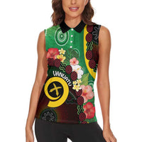 Long God Yumi Stanap Vanuatu Women Sleeveless Polo Shirt Tropical Flowers Aboriginal Pattern LT14 - Polynesian Pride