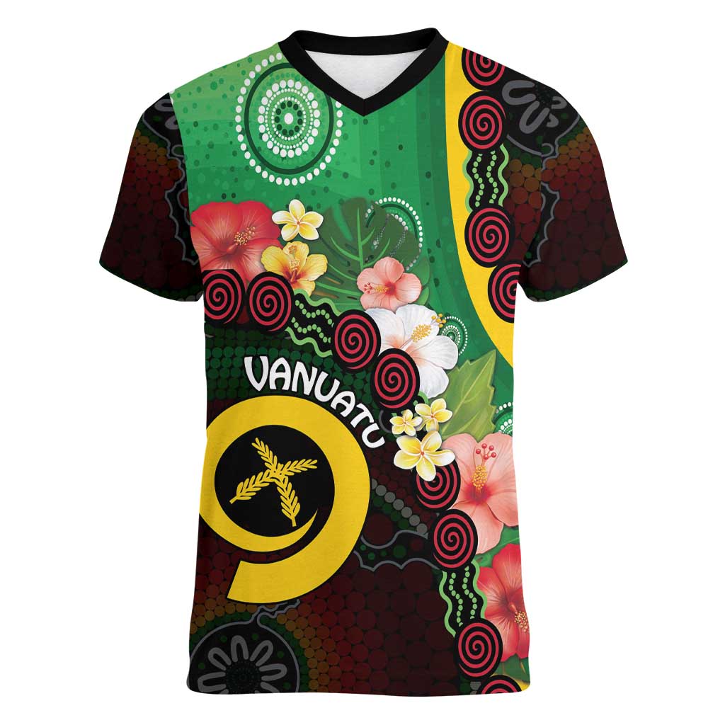 Long God Yumi Stanap Vanuatu Women V-Neck T-Shirt Tropical Flowers Aboriginal Pattern LT14 Female Green - Polynesian Pride