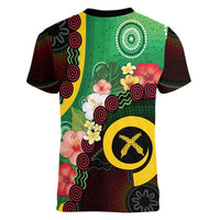 Long God Yumi Stanap Vanuatu Women V-Neck T-Shirt Tropical Flowers Aboriginal Pattern LT14 - Polynesian Pride