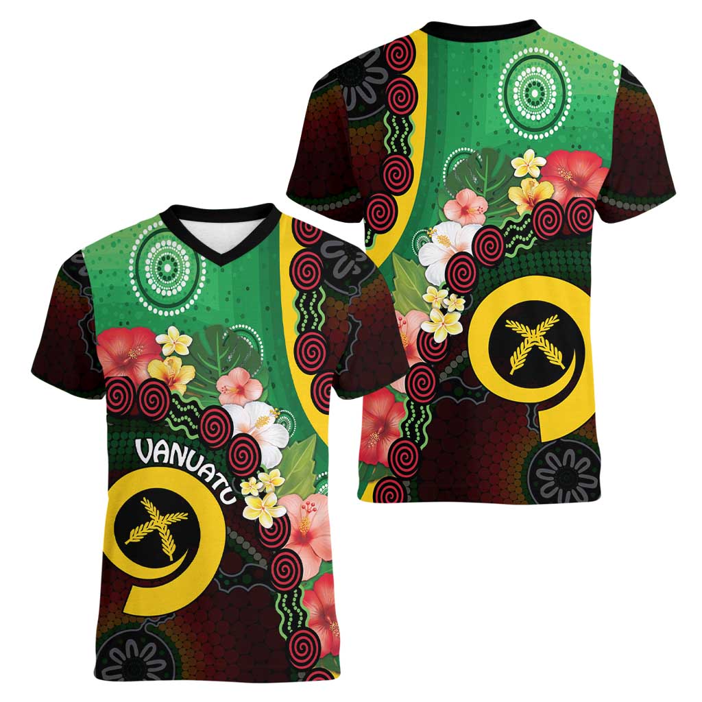 Long God Yumi Stanap Vanuatu Women V-Neck T-Shirt Tropical Flowers Aboriginal Pattern LT14 - Polynesian Pride