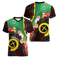 Long God Yumi Stanap Vanuatu Women V-Neck T-Shirt Tropical Flowers Aboriginal Pattern LT14 - Polynesian Pride