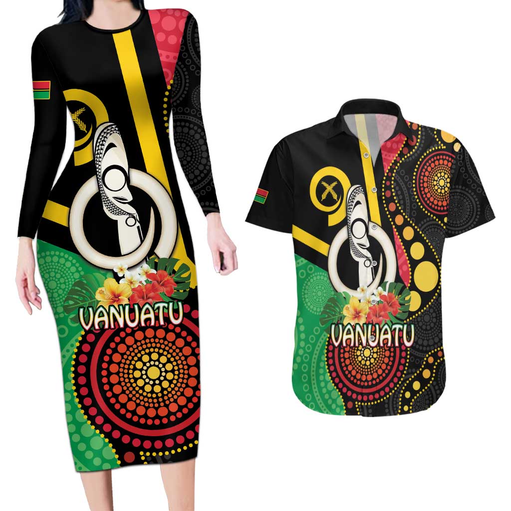 Tamtam Drum Vanuatu Couples Matching Long Sleeve Bodycon Dress and Hawaiian Shirt Boar Tusk Aboriginal Flag Style