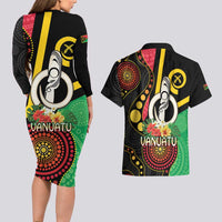 Tamtam Drum Vanuatu Couples Matching Long Sleeve Bodycon Dress and Hawaiian Shirt Boar Tusk Aboriginal Flag Style