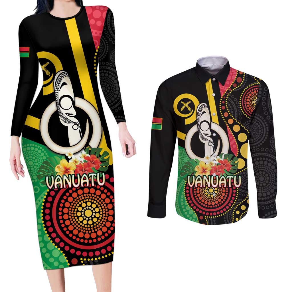 Tamtam Drum Vanuatu Couples Matching Long Sleeve Bodycon Dress and Long Sleeve Button Shirt Boar Tusk Aboriginal Flag Style LT14 Black - Polynesian Pride