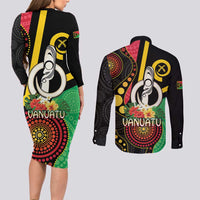 Tamtam Drum Vanuatu Couples Matching Long Sleeve Bodycon Dress and Long Sleeve Button Shirt Boar Tusk Aboriginal Flag Style LT14 - Polynesian Pride