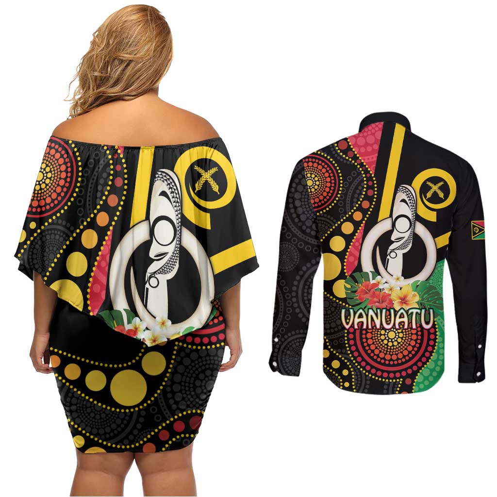 Tamtam Drum Vanuatu Couples Matching Off Shoulder Short Dress and Long Sleeve Button Shirt Boar Tusk Aboriginal Flag Style LT14 - Polynesian Pride