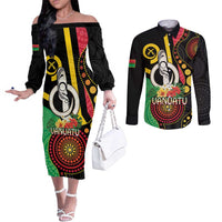 Tamtam Drum Vanuatu Couples Matching Off The Shoulder Long Sleeve Dress and Long Sleeve Button Shirt Boar Tusk Aboriginal Flag Style LT14 Black - Polynesian Pride