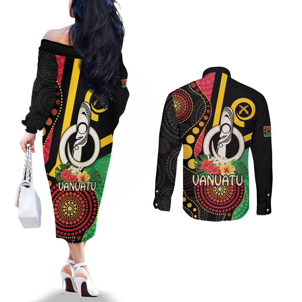 Tamtam Drum Vanuatu Couples Matching Off The Shoulder Long Sleeve Dress and Long Sleeve Button Shirt Boar Tusk Aboriginal Flag Style LT14 - Polynesian Pride