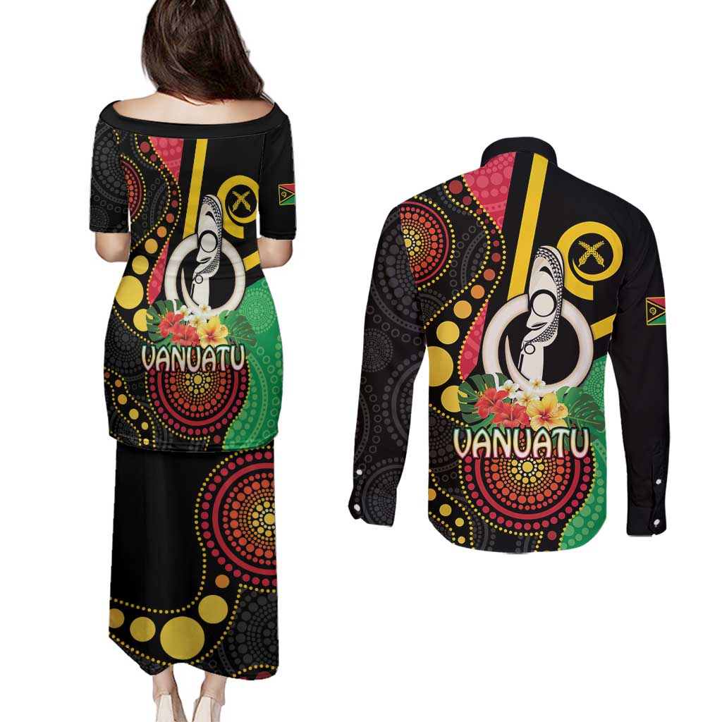 Tamtam Drum Vanuatu Couples Matching Puletasi and Long Sleeve Button Shirt Boar Tusk Aboriginal Flag Style LT14 - Polynesian Pride