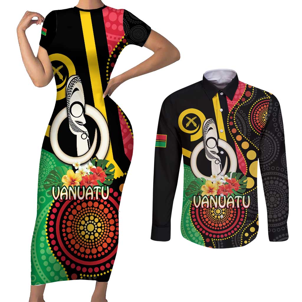 Tamtam Drum Vanuatu Couples Matching Short Sleeve Bodycon Dress and Long Sleeve Button Shirt Boar Tusk Aboriginal Flag Style LT14 Black - Polynesian Pride