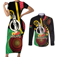 Tamtam Drum Vanuatu Couples Matching Short Sleeve Bodycon Dress and Long Sleeve Button Shirt Boar Tusk Aboriginal Flag Style LT14 Black - Polynesian Pride