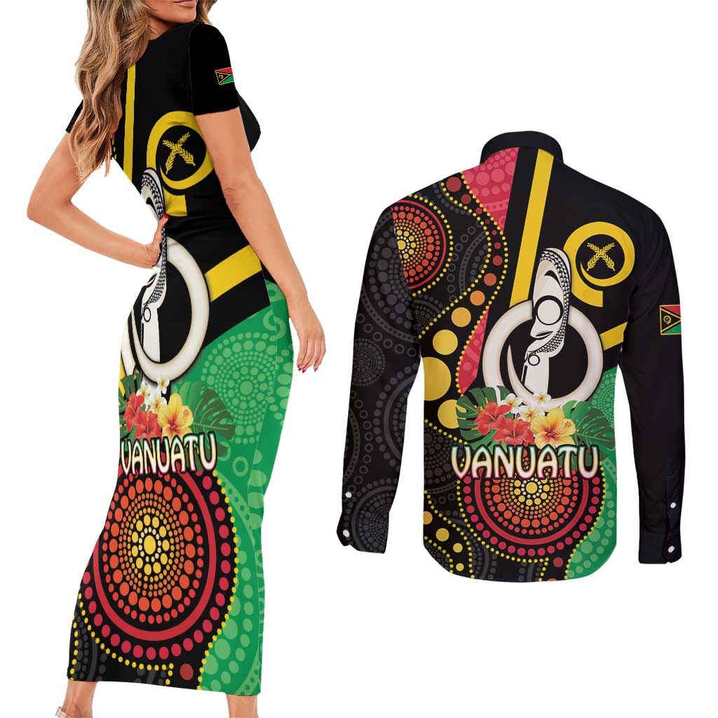 Tamtam Drum Vanuatu Couples Matching Short Sleeve Bodycon Dress and Long Sleeve Button Shirt Boar Tusk Aboriginal Flag Style LT14 - Polynesian Pride