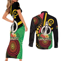 Tamtam Drum Vanuatu Couples Matching Short Sleeve Bodycon Dress and Long Sleeve Button Shirt Boar Tusk Aboriginal Flag Style LT14 - Polynesian Pride