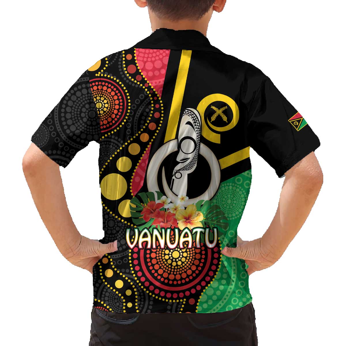 Tamtam Drum Vanuatu Family Matching Off The Shoulder Long Sleeve Dress and Hawaiian Shirt Boar Tusk Aboriginal Flag Style