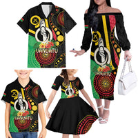 Tamtam Drum Vanuatu Family Matching Off The Shoulder Long Sleeve Dress and Hawaiian Shirt Boar Tusk Aboriginal Flag Style