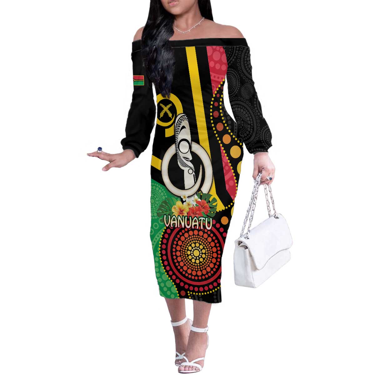 Tamtam Drum Vanuatu Family Matching Off The Shoulder Long Sleeve Dress and Hawaiian Shirt Boar Tusk Aboriginal Flag Style