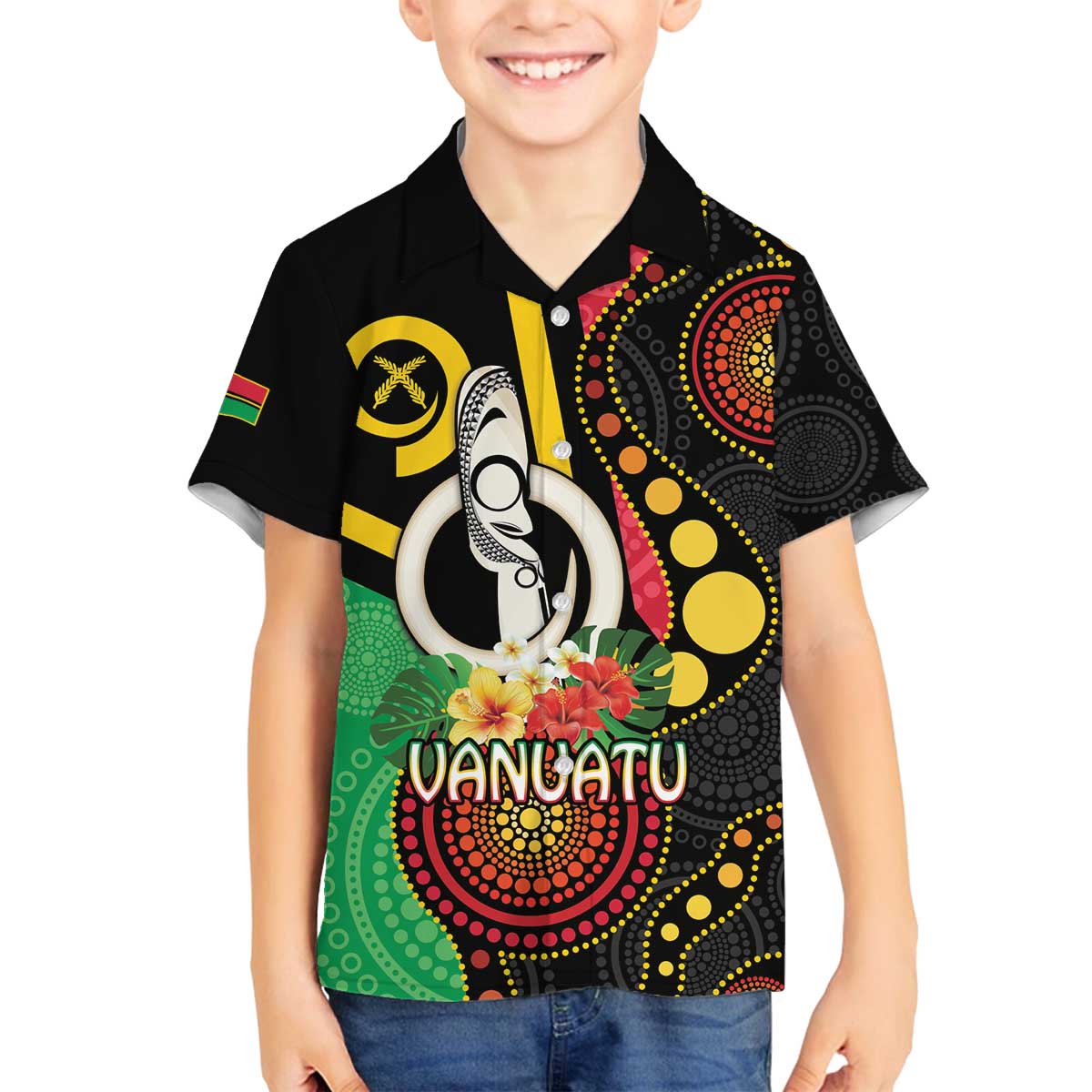 Tamtam Drum Vanuatu Family Matching Off The Shoulder Long Sleeve Dress and Hawaiian Shirt Boar Tusk Aboriginal Flag Style