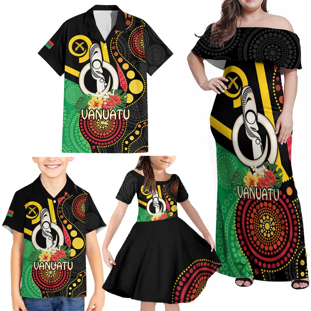 Tamtam Drum Vanuatu Family Matching Off Shoulder Maxi Dress and Hawaiian Shirt Boar Tusk Aboriginal Flag Style