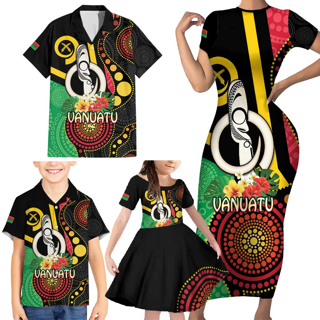 Tamtam Drum Vanuatu Family Matching Short Sleeve Bodycon Dress and Hawaiian Shirt Boar Tusk Aboriginal Flag Style
