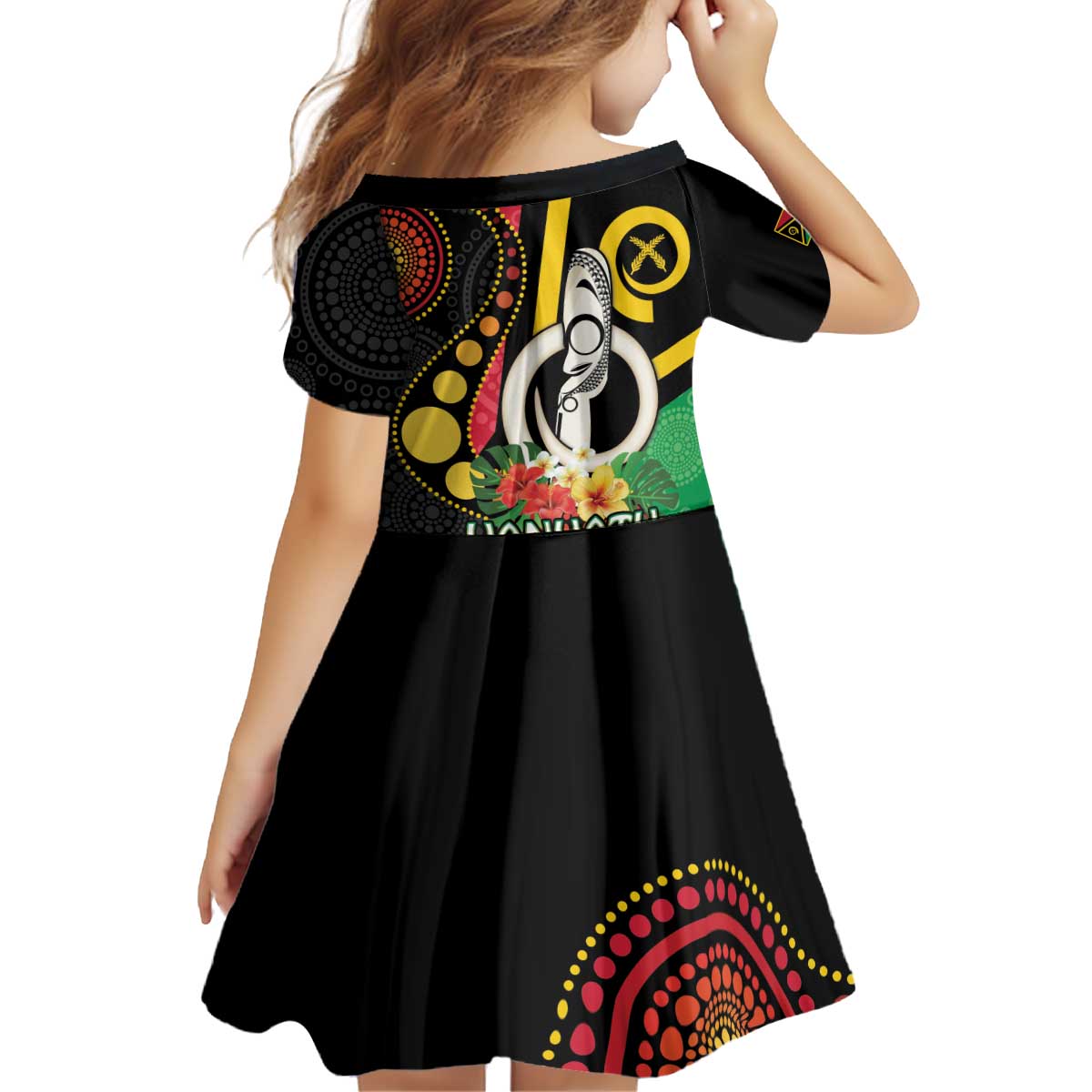 Tamtam Drum Vanuatu Kid Short Sleeve Dress Boar Tusk Aboriginal Flag Style LT14 - Polynesian Pride