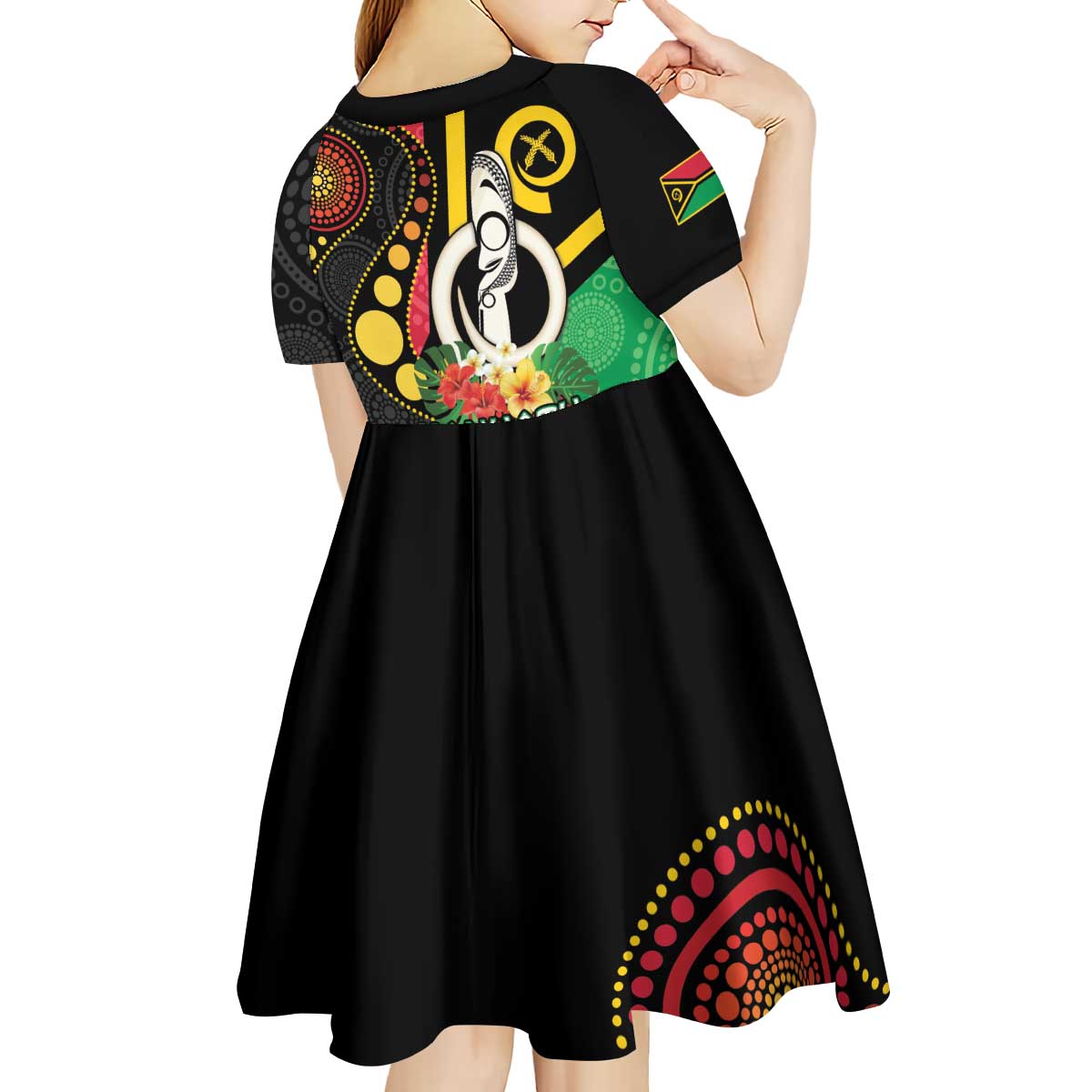 Tamtam Drum Vanuatu Kid Short Sleeve Dress Boar Tusk Aboriginal Flag Style LT14 - Polynesian Pride