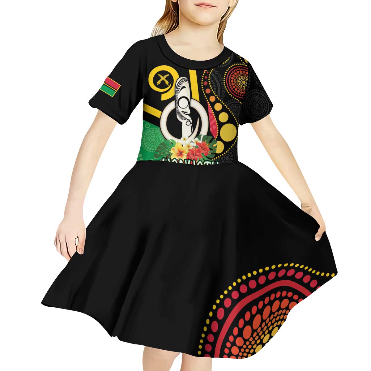 Tamtam Drum Vanuatu Kid Short Sleeve Dress Boar Tusk Aboriginal Flag Style LT14 - Polynesian Pride