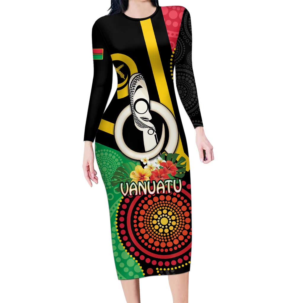 Tamtam Drum Vanuatu Long Sleeve Bodycon Dress Boar Tusk Aboriginal Flag Style