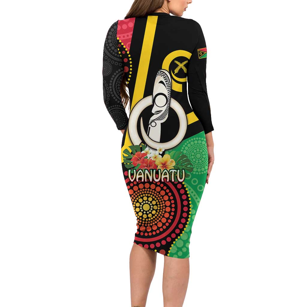 Tamtam Drum Vanuatu Long Sleeve Bodycon Dress Boar Tusk Aboriginal Flag Style