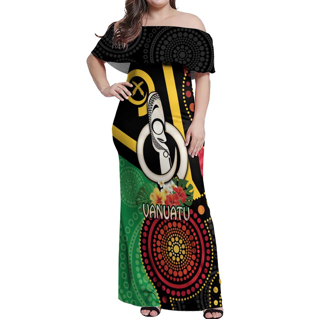 Tamtam Drum Vanuatu Off Shoulder Maxi Dress Boar Tusk Aboriginal Flag Style LT14 Women Black - Polynesian Pride