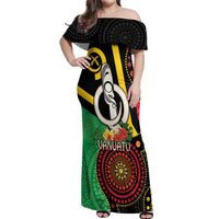Tamtam Drum Vanuatu Off Shoulder Maxi Dress Boar Tusk Aboriginal Flag Style LT14 Women Black - Polynesian Pride