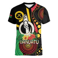 Tamtam Drum Vanuatu Women V-Neck T-Shirt Boar Tusk Aboriginal Flag Style LT14 Female Black - Polynesian Pride